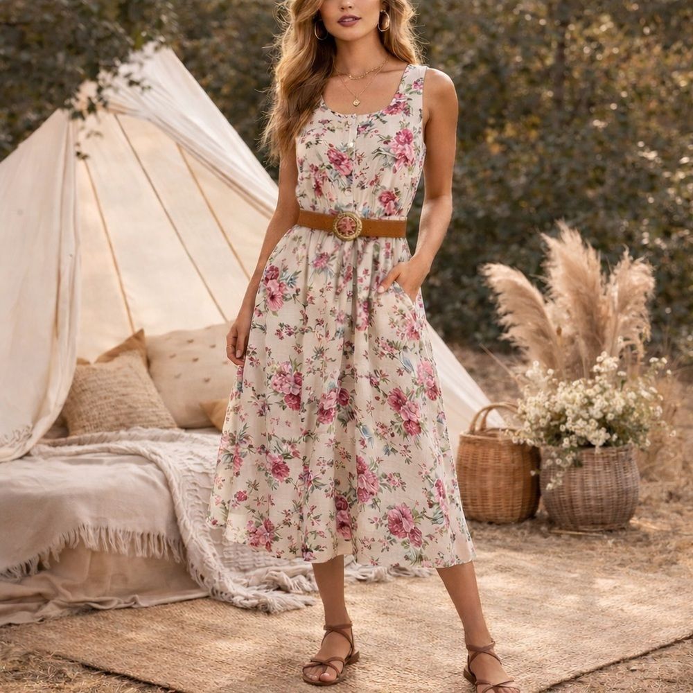 Vintage New Looks BoHo Granny Floral Midi dress women’s *16 modest ￼‎